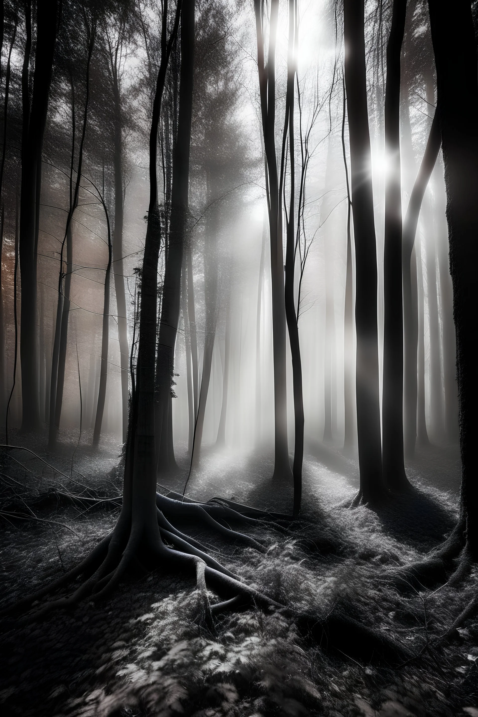 magical trees in forest black and white