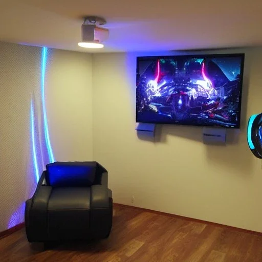 dark gamin room led lights monitors and chair sci fi cyberpunk style