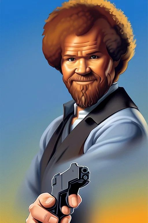 Bob Ross holding a gun