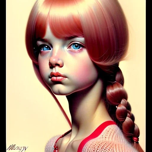 girl, beautiful, cute, long pink hair with bangs, brown eyes, by Norman Rockwell