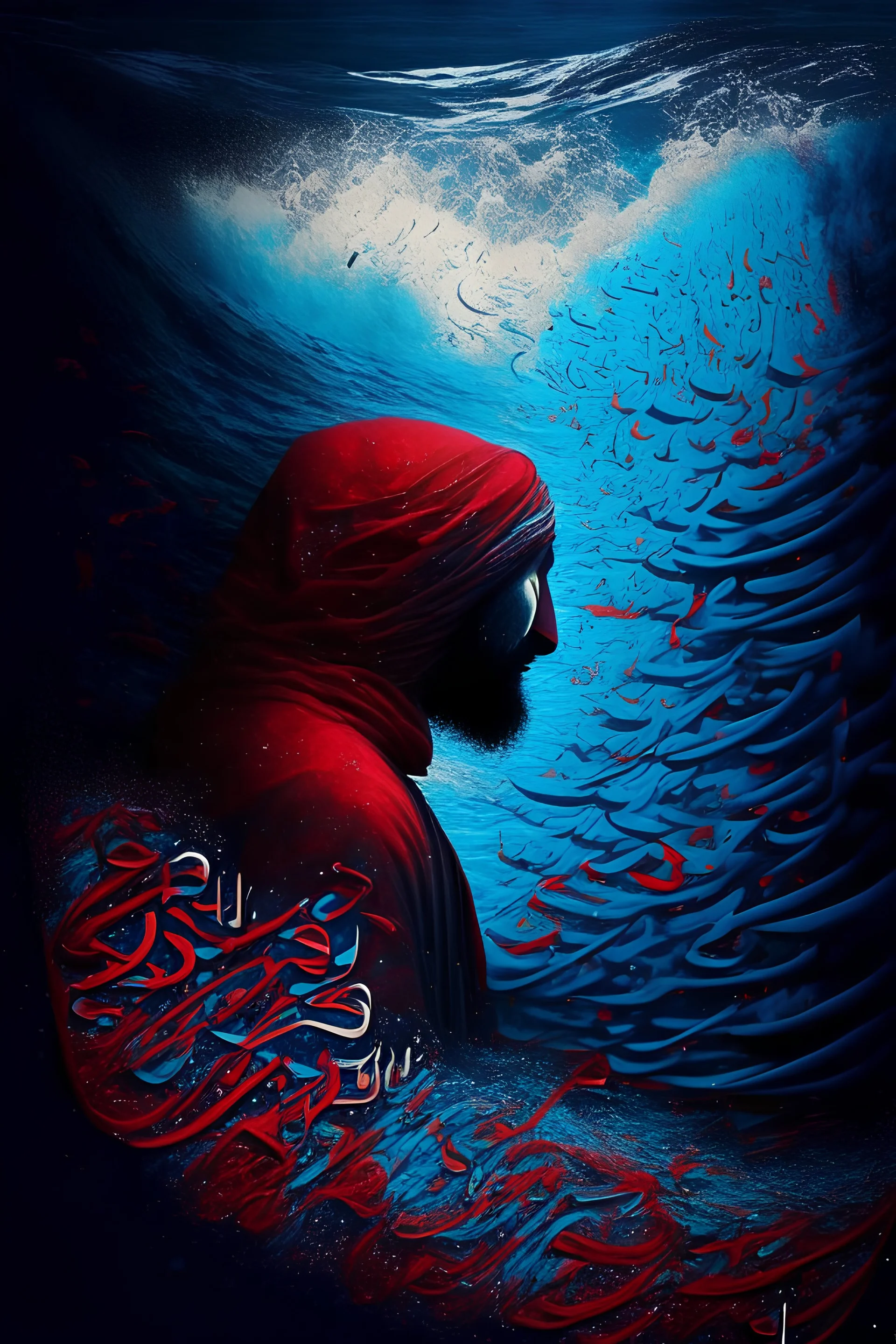 A person drowned in the depths of the seas of the imagination of Arabic poetry, surrounded by calm waves, scattering Arabic letters guiding him to the light, gradations of blue with gradations of red