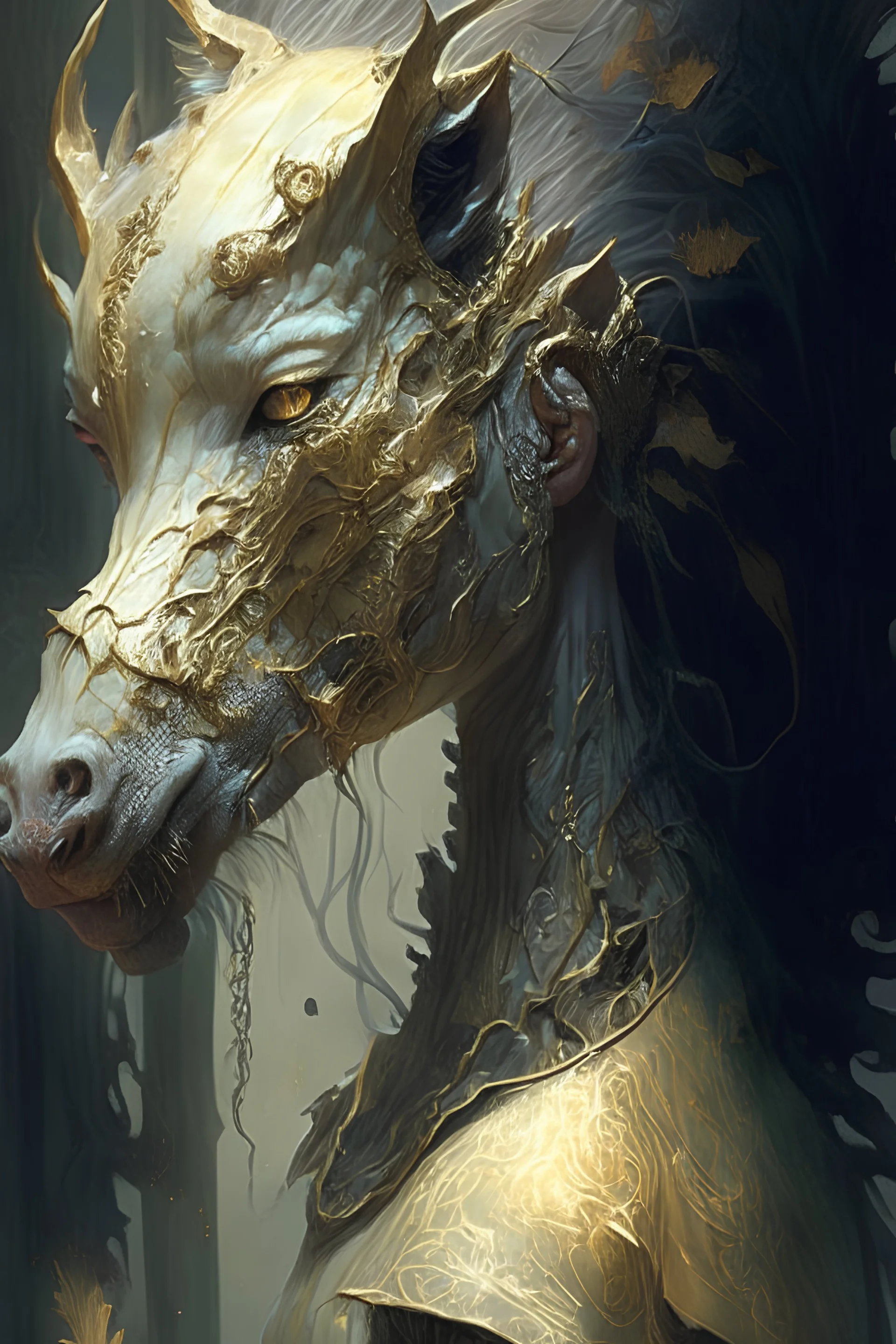 Child-eating horse deer lion alligator alien fused together , fantasy, intricate, elegant, highly detailed, digital painting, artstation, concept art, smooth, sharp focus, illustration, art by artgerm and greg rutkowski