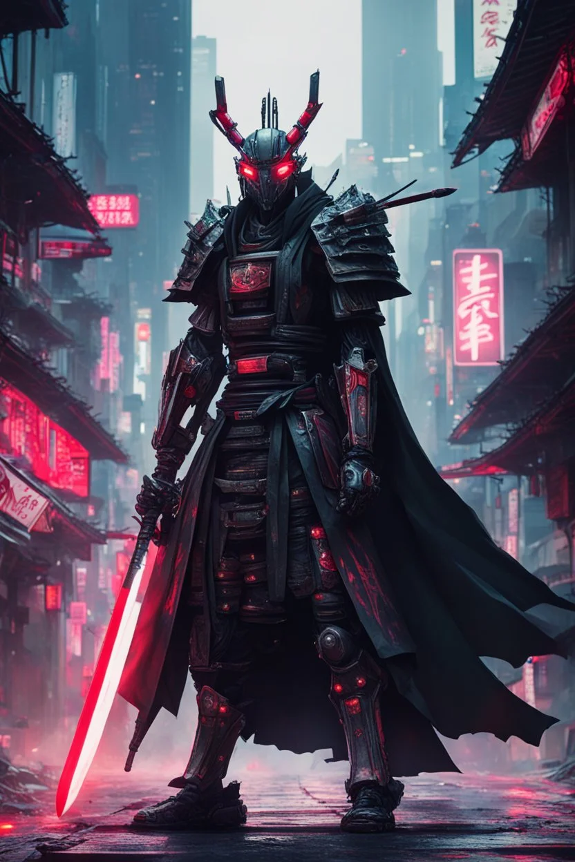 samurai robot in black cloak in a cyberpunk environment and big blood sword