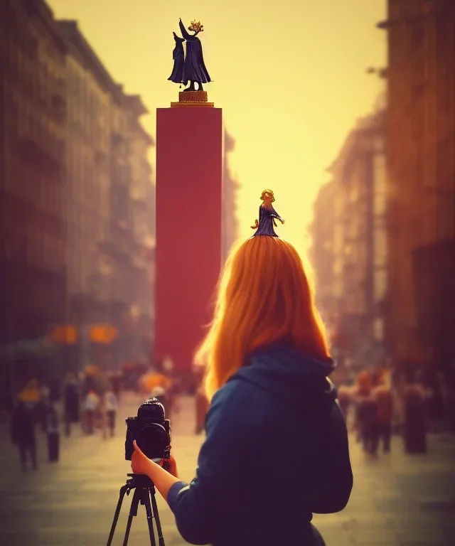 Statue of Queen of photography. Cute blonde woman. Photographer in golden crown. Standing on the street. Big camera in her hand. hyperdetailed, photorealistic, trending on artstation, greg rutkowski, beksinski, kodachrome, lomography, golden hour, bokeh, volumetric light