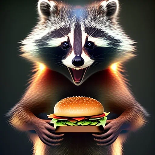 portrait of a anthropomorphic smiling raccoon holding a burger in its hands. artistic lighting, highly detailed, photorealistic, fantasy.