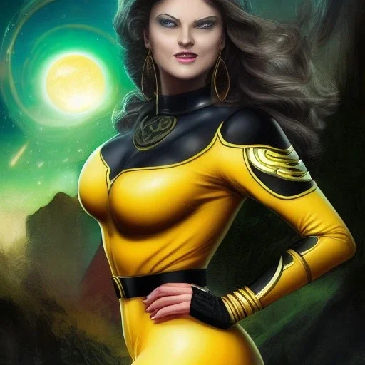 ultra detailed fullbody portrait of beautiful busty Laurie Jupiter Watchmen , wearing skintight yellow and black costume, extremely detailed digital painting, intrincate, extremely detailed smiling face,crystal clear Big Green eyes, in the style of Robert E Howard , mystical colors , perfectly centered image, perfect composition, rim light, beautiful lighting,8k, stunning scene, raytracing