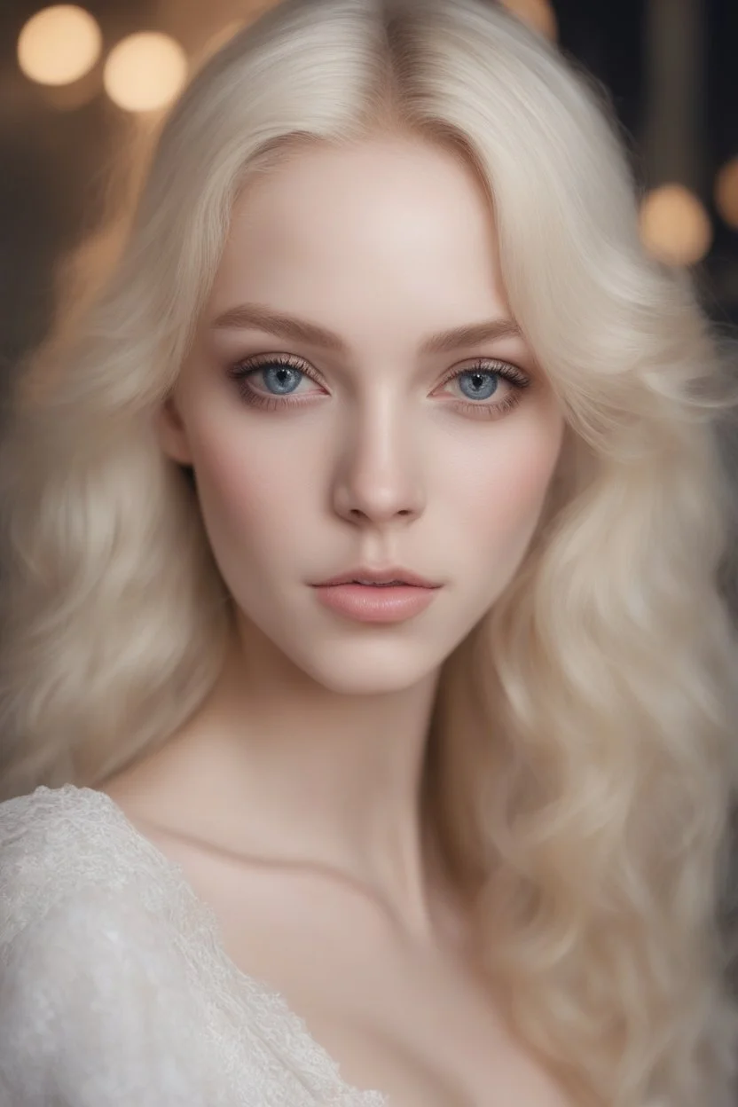 Photorealistic and detailed portrait: 19 year-old albino amina ependieva. heterochromia like amina ependievas eyes ghostly blonde hair in long, luxurious wispy waves ghostly blonde eyebrows ghostly blonde eyelashes buxom, tight cleavage luscious lips white edwardian blouse, lace dress fairy lights, perfect airbrush, realistic eyes, intricate stunning highly detailed photo of a girl by amina arsakova.