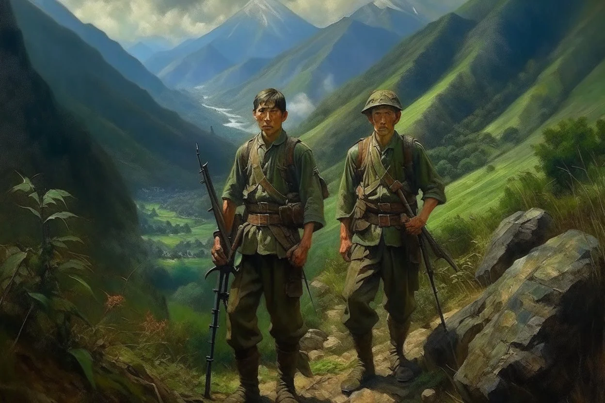 Japanese 1920 oil painting FEDRA from TLOU and the CRM from TWD but as Vietnam men soldiers in the mountains far away from the scenery