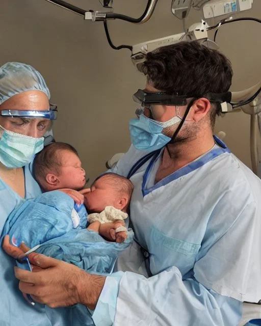 image of two doctors in a hospital surgical theatre holding a newborn baby