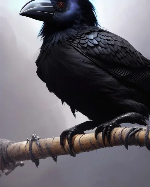 "black beak and feathers, mysterious Kenku male, humanoid bird, full-scale head and shoulders portrait, 8k resolution concept art portrait by Greg Rutkowski, Artgerm, WLOP, Alphonse Mucha dynamic lighting hyperdetailed intricately detailed Splash art trending on Artstation triadic colors Unreal Engine 5 volumetric lighting Splash art fantasy"