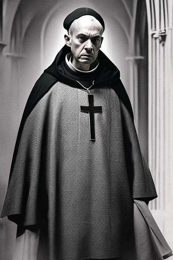 a priest in a crowded church who realizes that he is having an attack of colitis and, while he is preaching, tries to hold back a big fart. Insane details, photo shooted by Nadar.