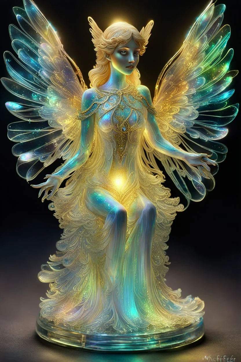 extremely delicate iridescent Angel made of glass, sitting, video game style, translucent, tiny golden accents, beautifully and intricately detailed, ethereal glow, whimsical, art by Mschiffer, best quality, glass art, magical holographic glow\\n, Broken Glass effect, no background, stunning