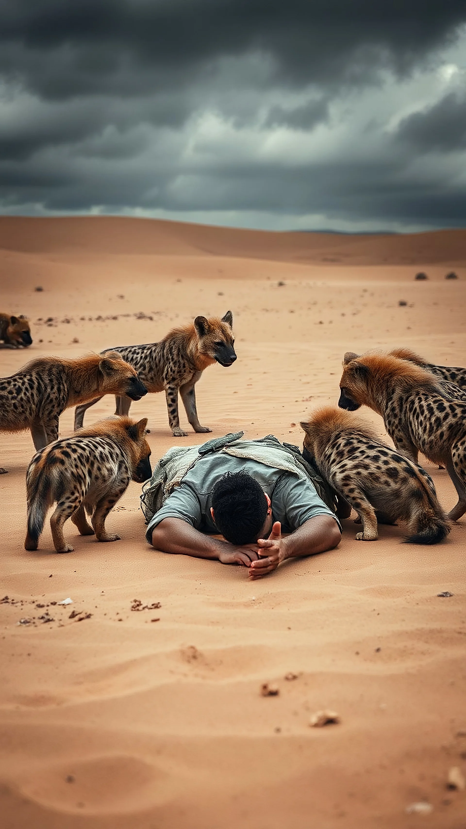 A man laying down on the floor in the desert sands surrounded by hyenas tattacked him and he is laying on the ground to defend himself one of the hyenas attack him from the back and he felts on the ground , stormy weather and cloudy gray depressive rnverment