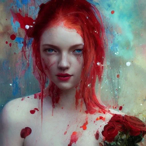 Red, beautiful redhead girl, roses, paint splatter, Jeremy Mann, Pino Daeni, Alphonse Mucha and Alex Maleev and Liz Gael, oil splash, Paint Strokes, Ink Drip, a masterpiece, 8k resolution highly detailed intricate, black_lineart, sharp focus