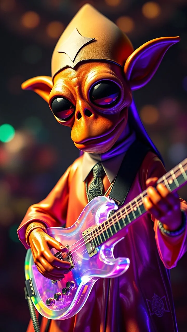 a psychedelic charming muppet show Obama squid priest gremlin rock star with space laser transparent prismatic guitar in the style of Escher, bokeh like f/0.8, tilt-shift lens 8k, high detail, smooth render, down-light, unreal engine, prize winning