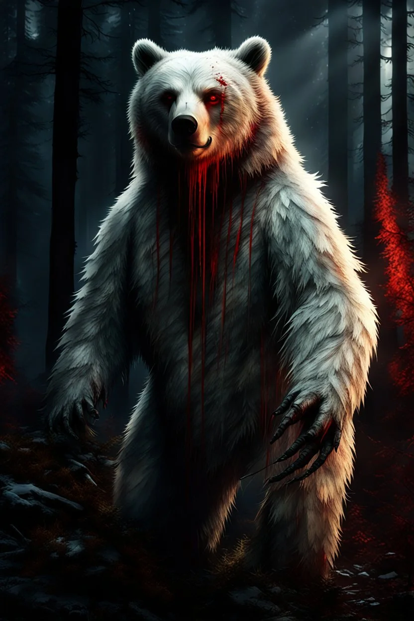 upclose realistic and mysterious photography,12k ultra-high-definition rendering of a scary bear, he is partially a robot, white furr coat, red scratch marks on him, showing thangs,exudes a sinister aura under the Forrest's dark and mysterious lighting