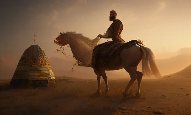 An ancient Arab poet next to a mare in the desert in front of a tent , full body, cinematic, 8k, resolution concept art portrait by Greg Rutkowski, Artgerm, WLOP, Alphonse Mucha dynamic lighting hyperdetailed intricately detailed