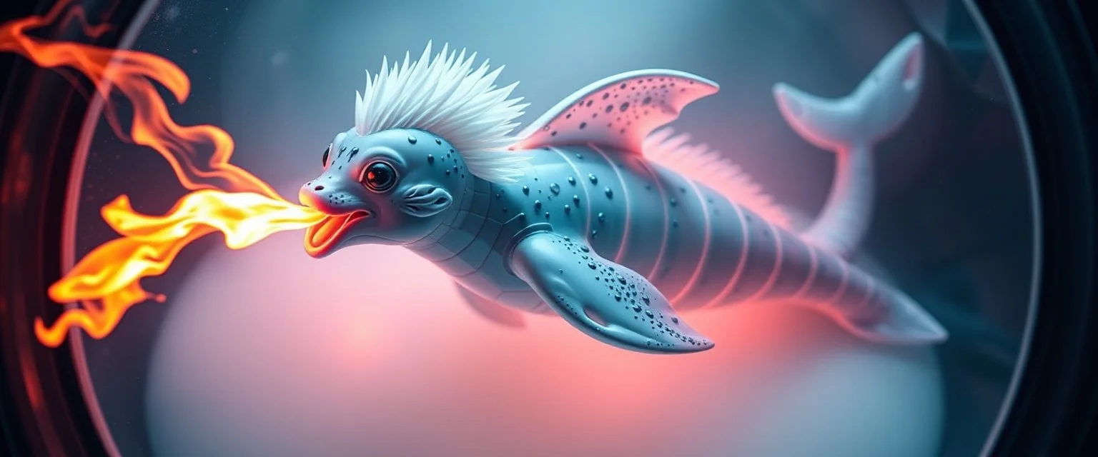 The image depicts a fantastical dolphin snow soup, specifically a transparent with neon plasma aura, with a unique and whimsical appearance. The seal dragon spitting flames is positioned in a circular frame, which suggests it might be inside a container or a vessel. The dragon's body is elongated and has a segmented appearance, with a detailed texture that gives it a realistic look. Its head is covered with white, spiky hair, adding to its fantastical charm. From the weird dragon lab.