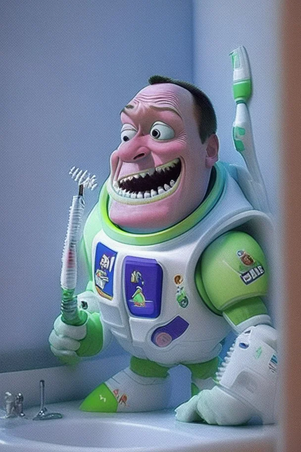 Buzz Lightyear from Toy Story brushing his teeth