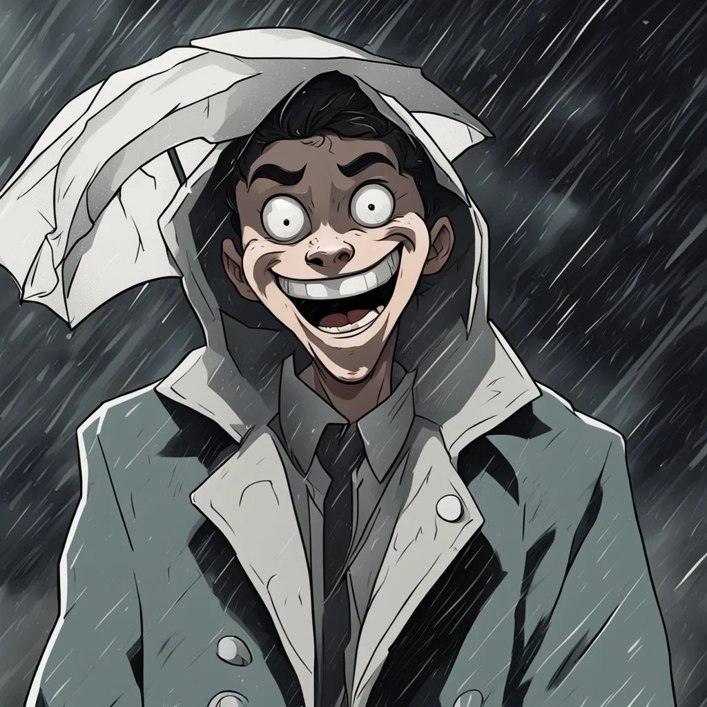 a closeup of a psychopathic young man with white eyes in a heavy coat during a rainstorm laughing cartoon