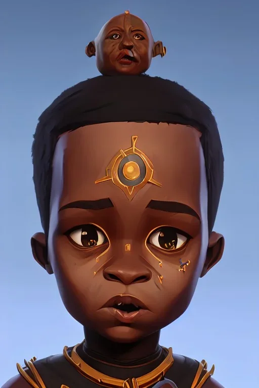 african baby head portrait, warrior costume, 3d, village, robot, fetus, 8k quality