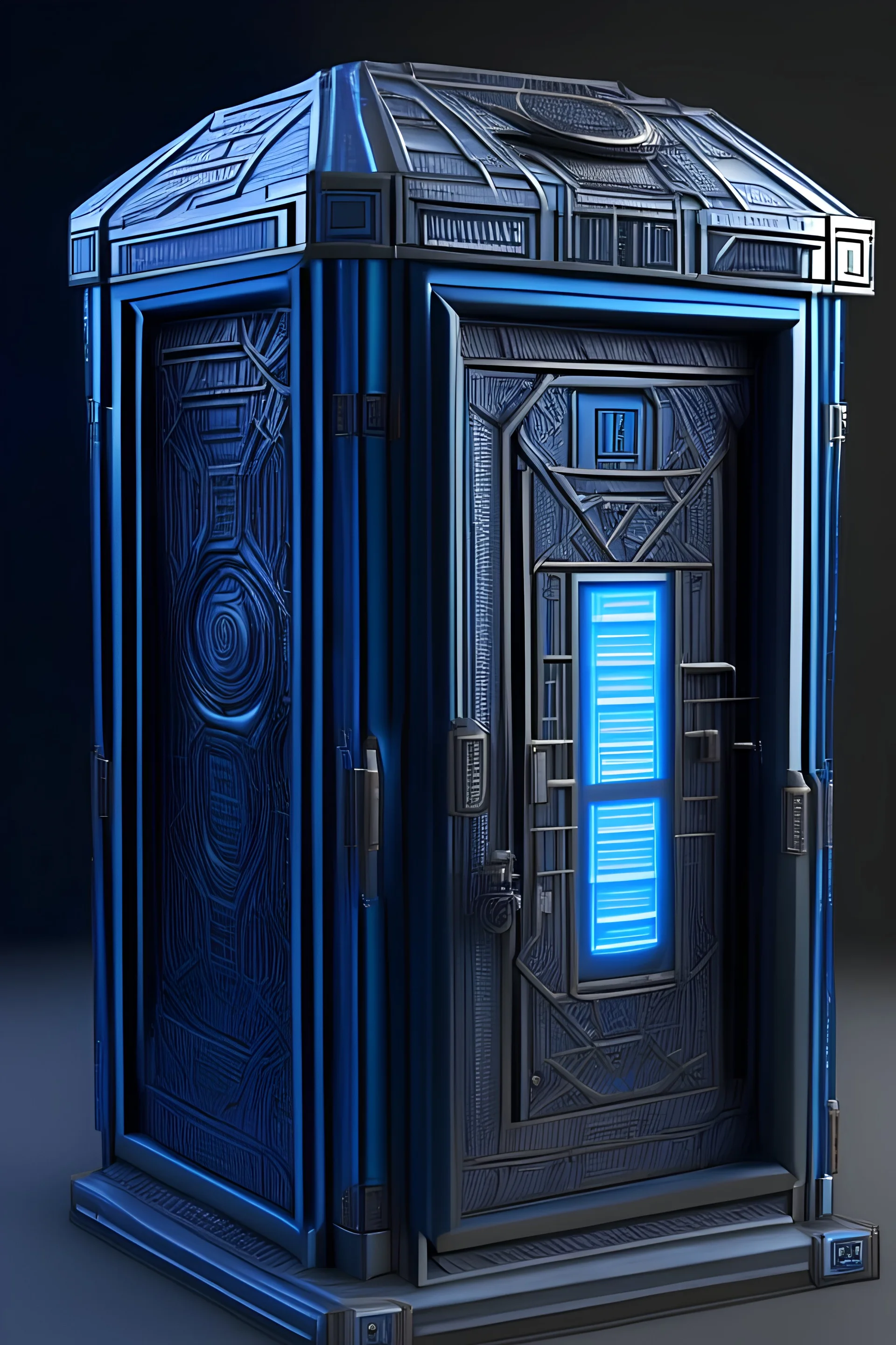 ultra detailed and intricate 3d rendering of a hyperrealistic “cyberpunk tardis box” symmetric, front view