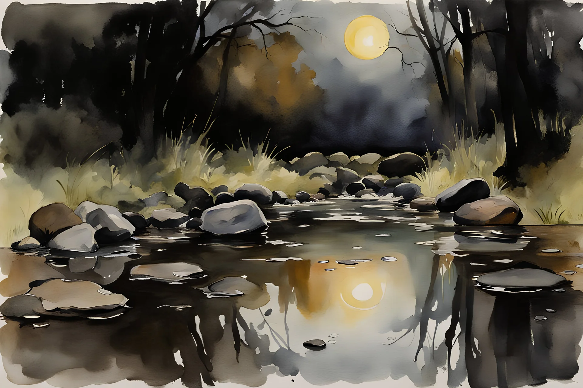 Night, rocks, puddle, gothic horror movies influence, puddle, epic, john singer sargent watercolor paintings