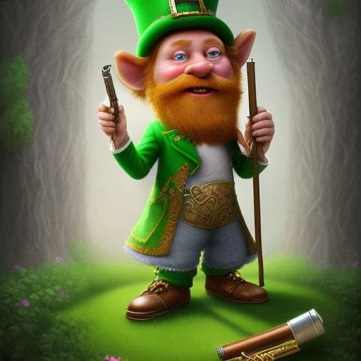 Ultra detailed fullbody of leprechaun with smoking pipe and shamrock,old,fat,extremely detailed digital, human,painting,detailed eyes, extremely detailed face ,perfectly centered image, perfect composition, rim light, beautiful lighting,masterpiece,8k, stunning scene, raytracing, anatomically correct,, in the style of Dysney and pixar,smile