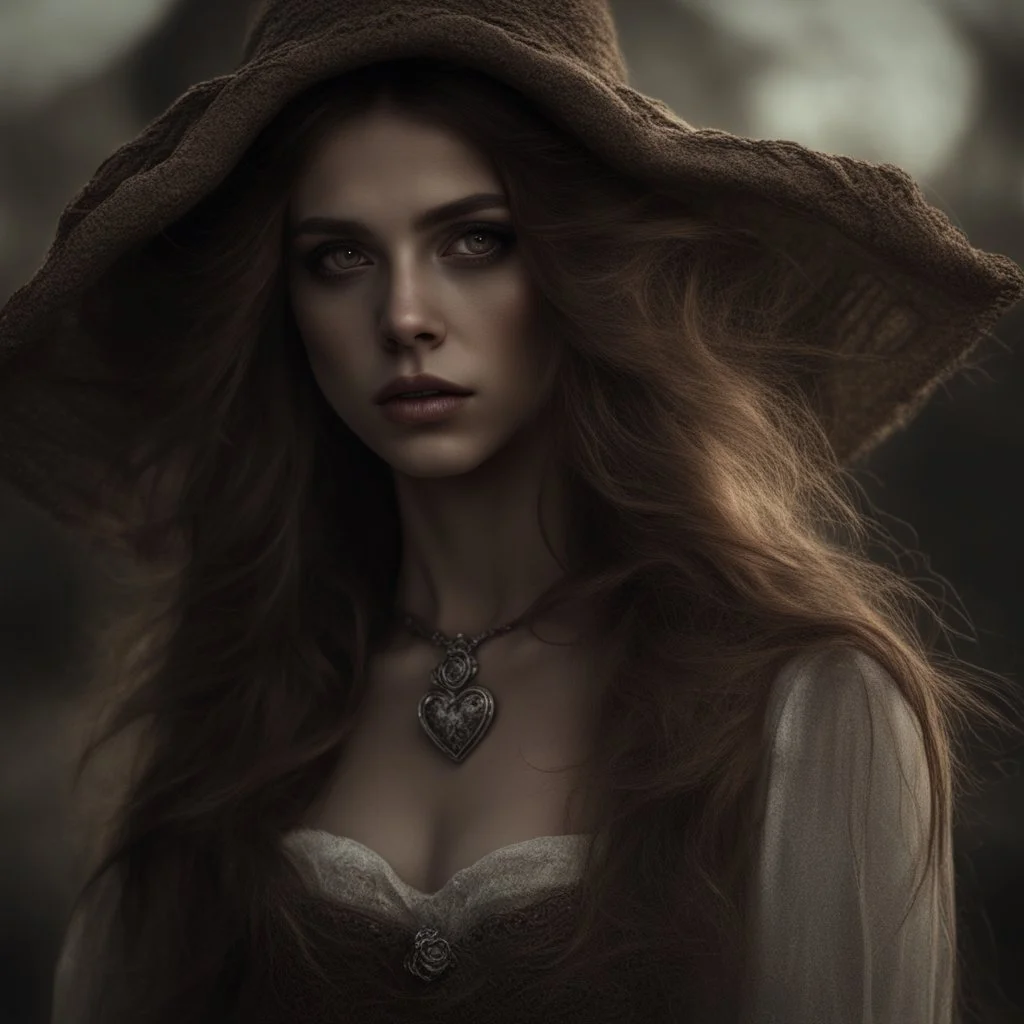 Witch with long brown hair and eyes, heart shaped lips, wearing dress and robesintricate details, HDR, beautifully shot, hyperrealistic, sharp focus, 64 megapixels, perfect composition, high contrast, cinematic, atmospheric, moody