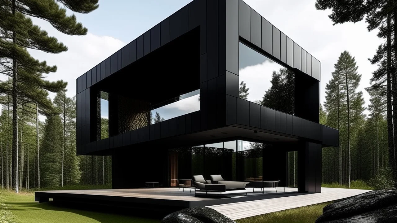 A contemporary house built around leviathans that features the use of boxes, beams, giant mushrooms, and the color black.
