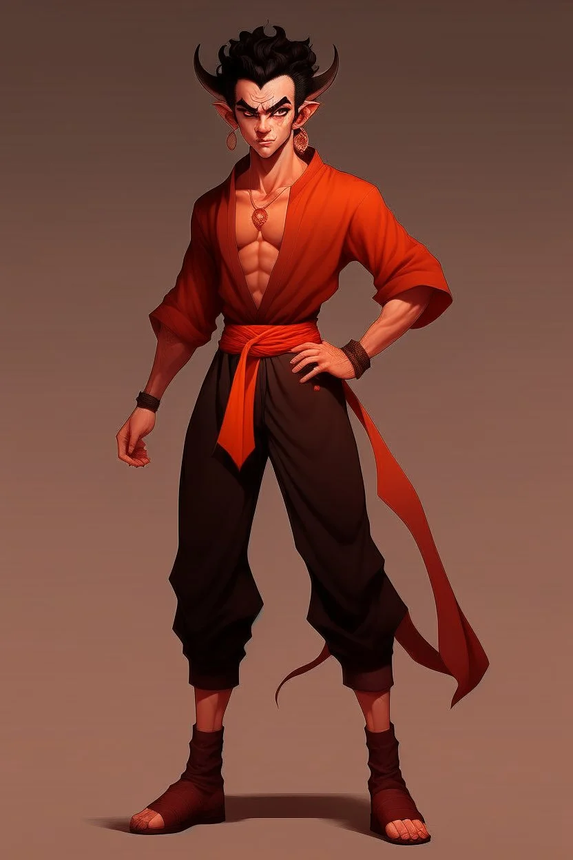 Full Body, Male Tiefling, monk, body shape as Super Sayin Goku, boxer pose, dark outfit colour theme, HD