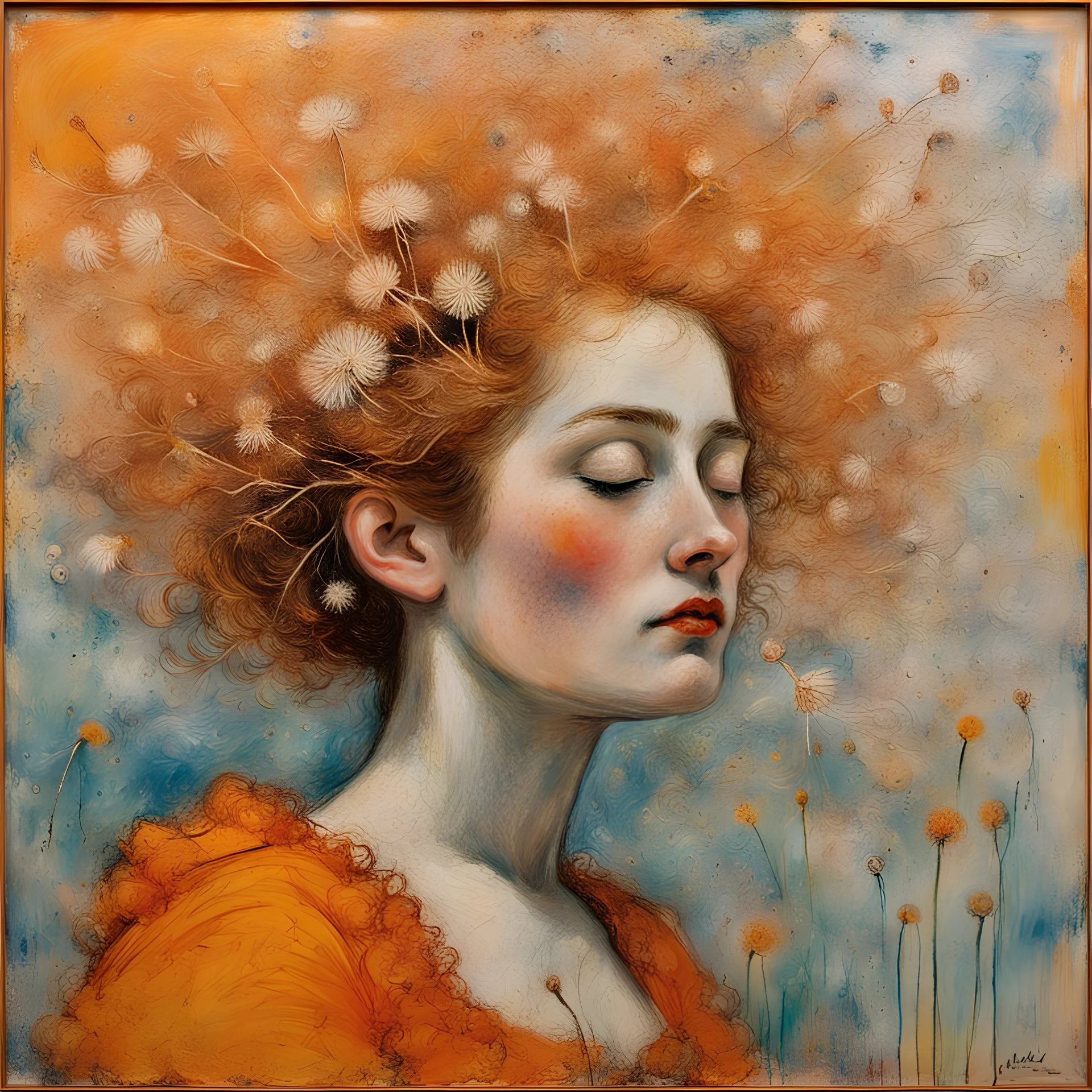 woman by James Ensor ; watching dandelion seeds in the wind, alcohol inks, chalks, oil pant, glitter, mixed media; made of a fresh orange color that has been cut open, photo-realistic techniques