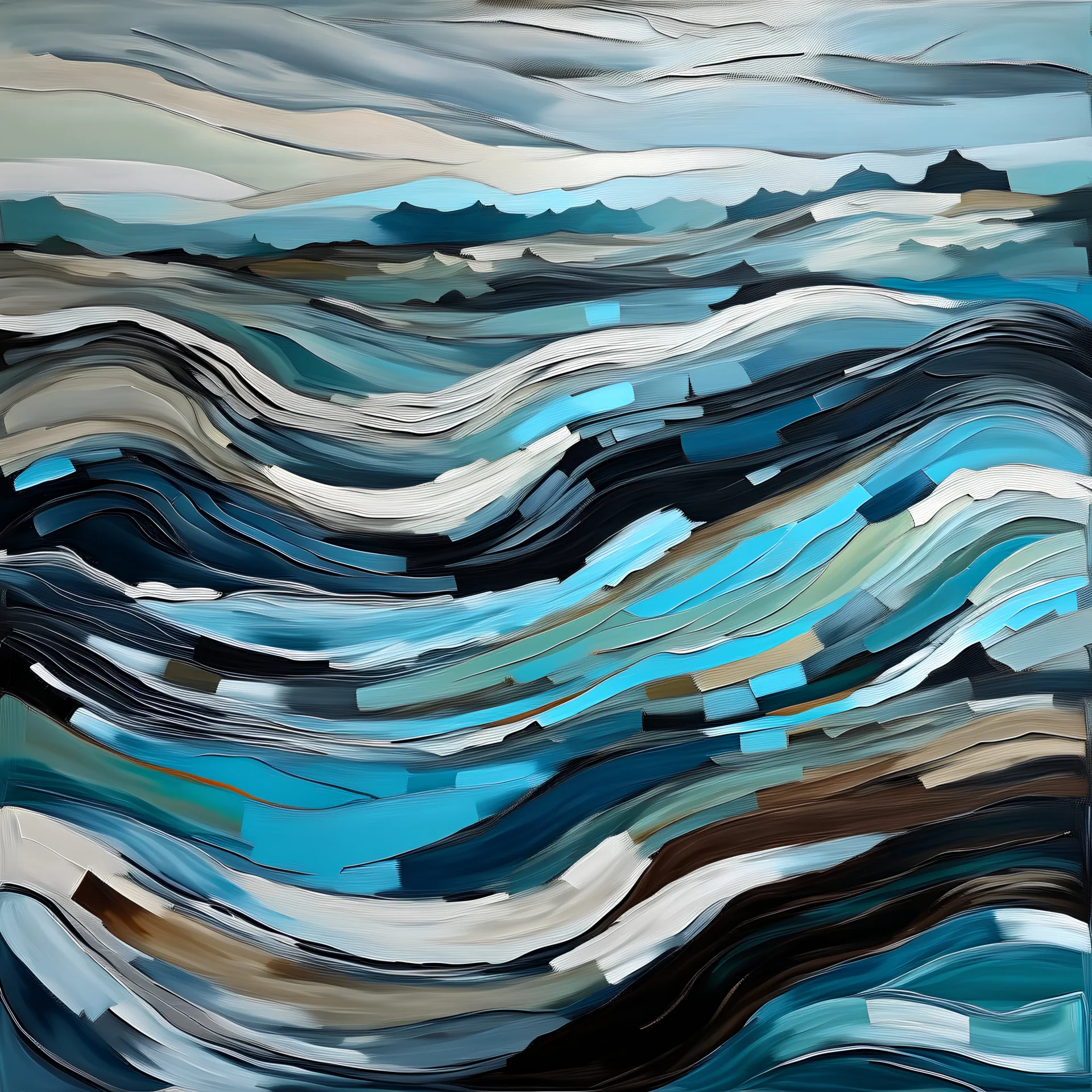 The abstract painting of a surreal, dreamlike landscape, which evokes a sense of mystery and introspection. The composition is divided into clear horizontal strips, each with its own textures, colors and shapes. At the bottom, undulating layers of earth tones and blues create a sense of depth and movement, reminiscent of a fragile body of water or a layered geological formation. This grounding base anchors the more ethereal elements above. From this base rises a lone, bare tree shown in silhou
