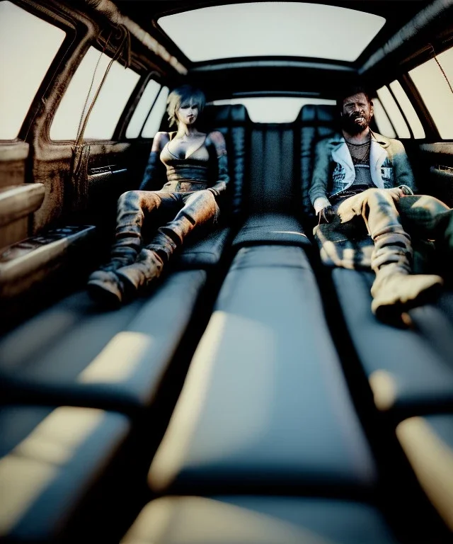 Ultra realistic back seat of limousine image, wide angle view, homeless men and woman, mad max style, grunge clothing, hair, smoke, smile, happy, extreme, soft color, highly detailed, unreal engine 5, ray tracing, RTX, lumen lighting, ultra detail, volumetric lighting, 3d, finely drawn, high definition, high resolution.