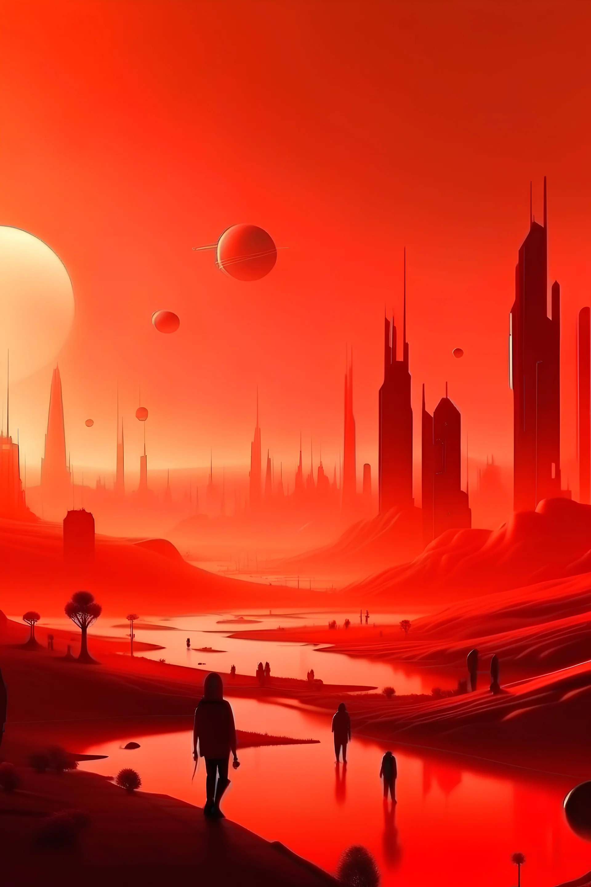 paisaje: ciudad futurista con muchos edificios y personas, atardecer rojizo, poca vegetación, cielo con humo y signos de contaminación, objetos y vehículos futuristas