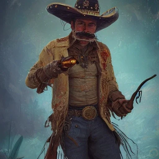 Insanely detailed photograph of an “ a mustachioed cowboy warrior "with worn Sombrero, handsome charo,cigar,glowing D20 in outstretched hand, hyperdetailed painting by Ismail Inceoglu Huang Guangjian and Dan Witz CGSociety ZBrush Central fantasy art album cover art,8K, hdr, mysterious, flickeringlights ,Stoic