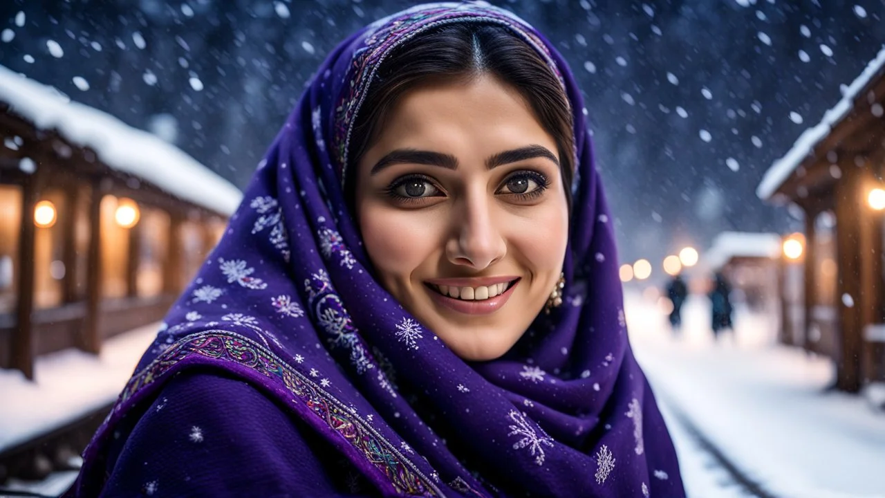 Hyper Realistic Photographic Low-Angle View Of A Beautiful Young Pashto Woman With Beautiful Eyes Lips & Nose (Wearing Beautiful Navy-Blue Frock With Purple Embroidery & White-Wool Shawl With Her Long Black Whirling) Happily Sitting & Smiling At The Village Railway Platform At Heavy Snowfall Night Showing Dramatic & Cinematic Ambiance.