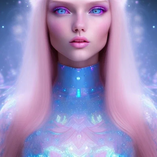  beautiful, soft, whide smile face, long blonde straight hair, blue eyes, fairy wings on the back, transparent crystal blue and pink clothes, background blue and pink, big definition, 8K