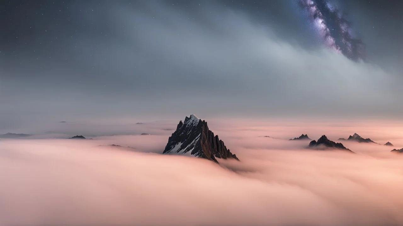 A surreal night-time scene featuring a sharp mountain peak rising through a thick layer of fog. Only one single peak is visible, The mountain's dark, jagged silhouette contrasts against the soft, pastel hues of the fog illuminated by moonlight. Above, the night sky is adorned with countless stars and a segment of the Milky Way, adding a sense of wonder and vastness to the scene. The overall atmosphere is mystical and serene, capturing the beauty of nature in a high-resolution, panoramic view