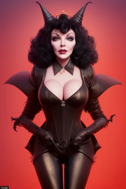 Joan Collins as evil queen in black leather, leather, busty, cleavage, angry, stern look. character design by cory loftis, fenghua zhong, ryohei hase, ismail inceoglu and ruan jia. unreal engine 5, artistic lighting, highly detailed, photorealistic, fantasy