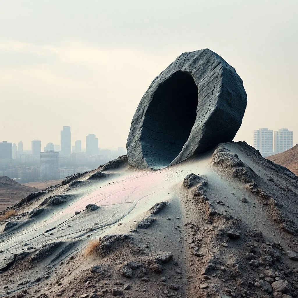 Photograph of outskirts of a city, ominous and odd black sinusoid rises from the earth, details of the stone very accentuated, brutalist style, aftermath, liquid, powder, pastel colors, shot on Hasselblad, minimaximalist, detailed, 8k, museum, deep 3d field