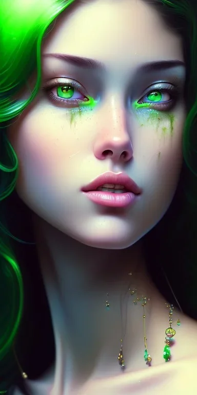 girl, sexy, beautiful, long hair, wavy hair, green hair, blue eyes, green beanie, green bra,big boobs, black tee shirt,full body portrait, 8k resolution concept art portrait by Greg Rutkowski, Artgerm, WLOP, Alphonse Mucha dynamic lighting hyperdetailed intricately detailed