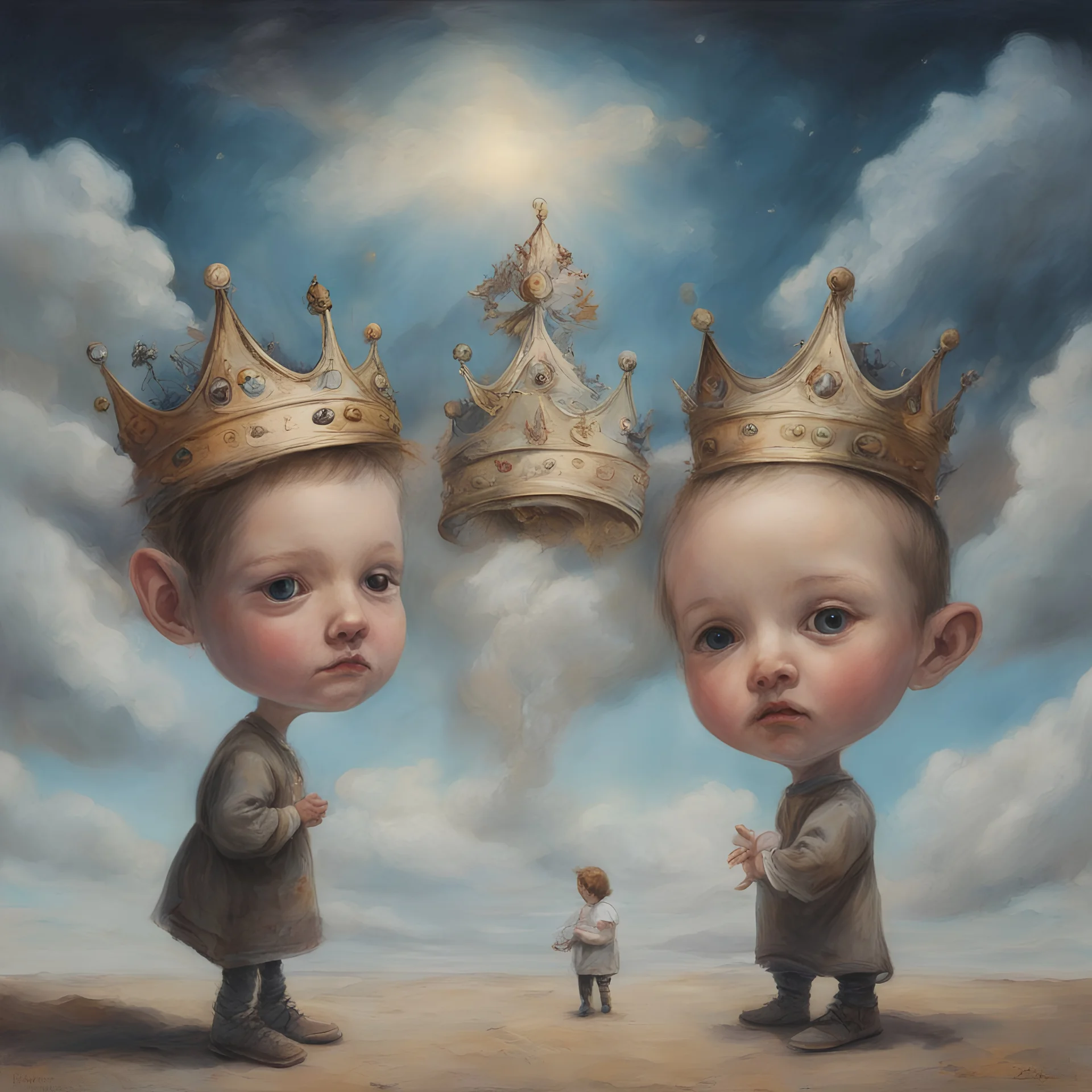 Surreal painting of 2 toddlers, , strange crown, , the sky in the background