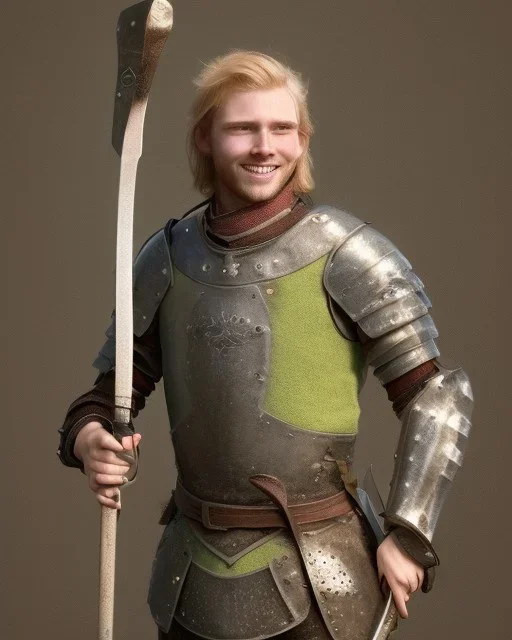 medieval warrior with short blond hair, blue eyes and wide warm smile holding a two-handed axe wearing brown and green clothes