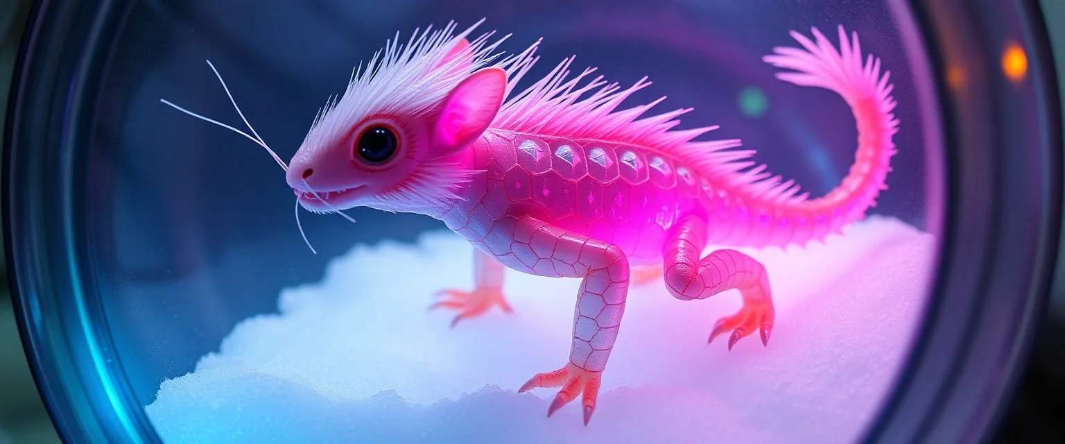 The image depicts a fantastical charming monkey squirrel snow soup, specifically a transparent with neon plasma aura, with a unique and whimsical appearance. The shrimp spider dragon is positioned in a circular frame, which suggests it might be inside a container or a vessel. The body is elongated and has a segmented appearance, with a detailed texture that gives it a realistic look. Its head is covered with white, spiky hair, adding to its fantastical charm. From the weird dragon lab.