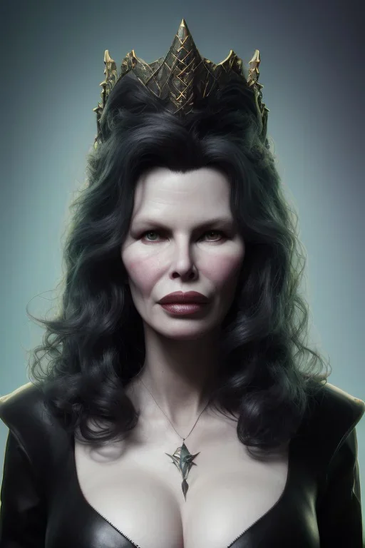 Kim Basinger as evil queen in black leather, busty, cleavage, curvy, angry, stern look. character design by cory loftis, fenghua zhong, ryohei hase, ismail inceoglu and ruan jia. unreal engine 5, artistic lighting, highly detailed, photorealistic, fantasy