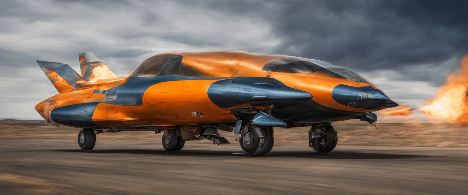 A national geographic award winning photograph of a military fighter jet station wagon wasp hybrid designed by volkswagen only one vehicle per image painted metallic orange traveling at a high rate of speed, jet intake off of front center of vehicle and jet exhaust out the rear with bright blue flame