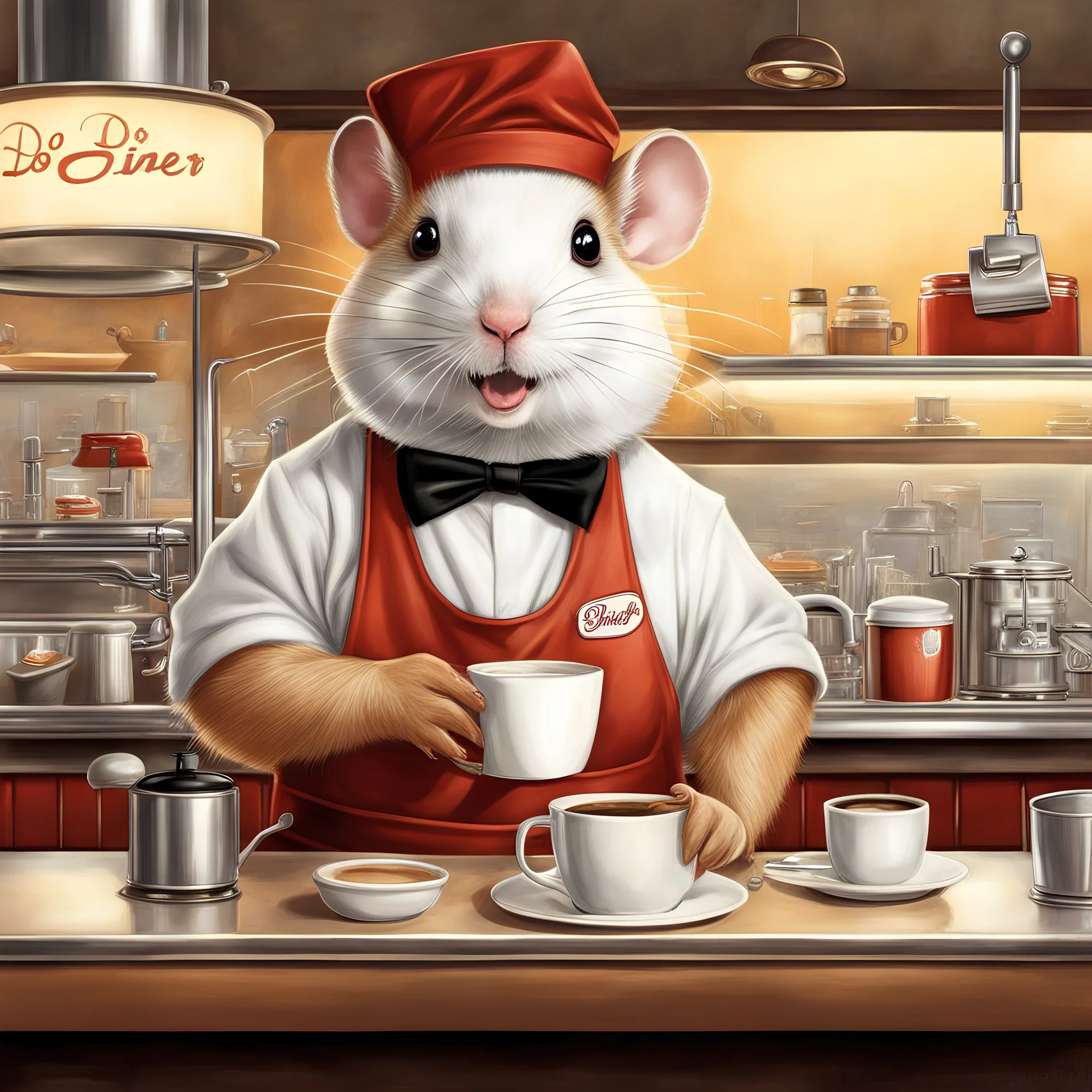 hamster barista working behind a counter of a 50's diner, artistic nostalgic, waitress apron and do-rag, serving old man coffee, by Stevan Dohanos and Brian Despain, dramatic, digital illustration, fine detailed, technically perfect, dynamic,