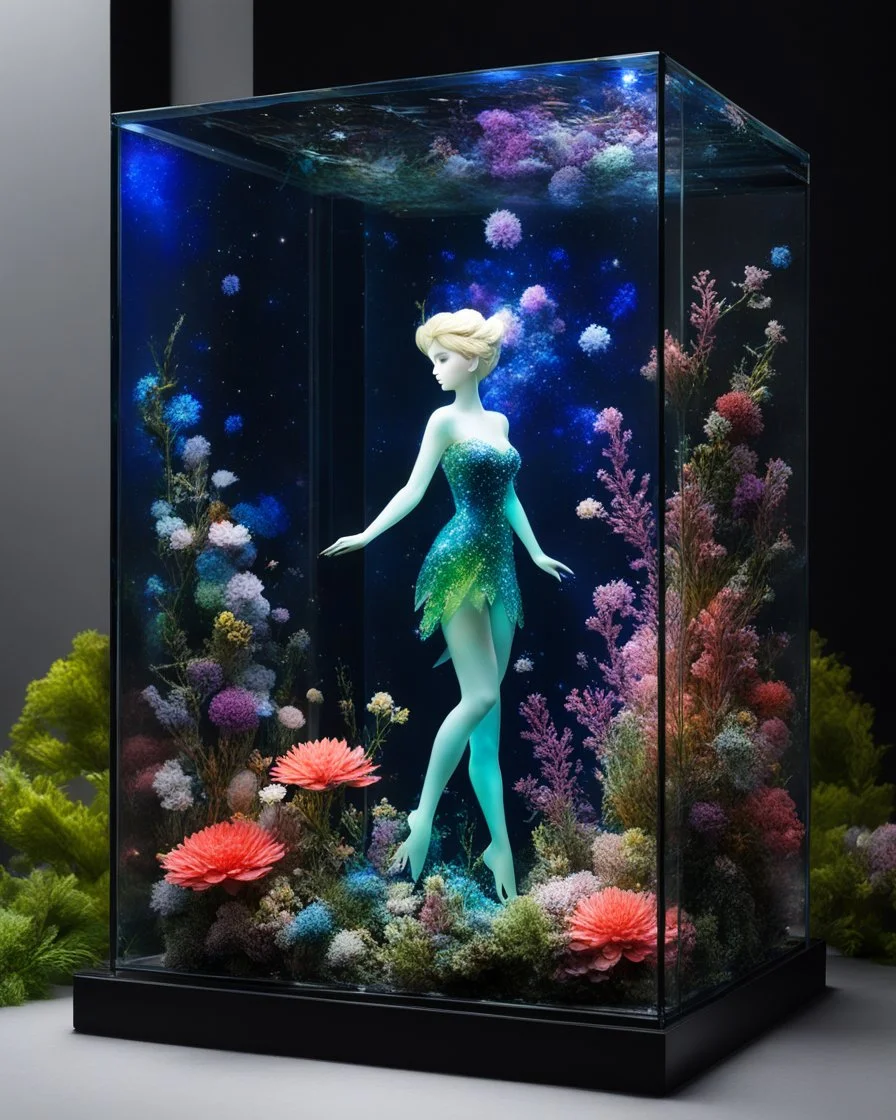 an tinker bell in glass box on a display,glass flowers, high quality product image ,coral reef, flora and fauna, cosmic nebula, dark background christian dior style, with frozen flowers around her, stunning-design, beutifull, side profile artwork, glass paint, multicoloured, displayed, backlight