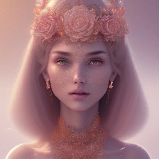 crystal rose beautiful girl smile,utra realistic,highly detailed, gold, pink, jewels, lace, masterpiece, delicate detailed, sharp focus, insanely detailed, fantasy art, intricate detailed, elegant, fog, Special Lighting, Vibrant, color Scheme, forest, unreal engine 5, trending on artstation